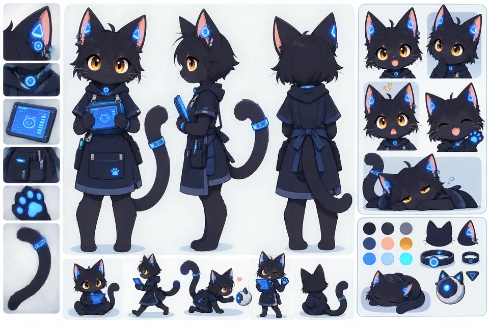 夜色工作室里的原创电子黑猫角色设定